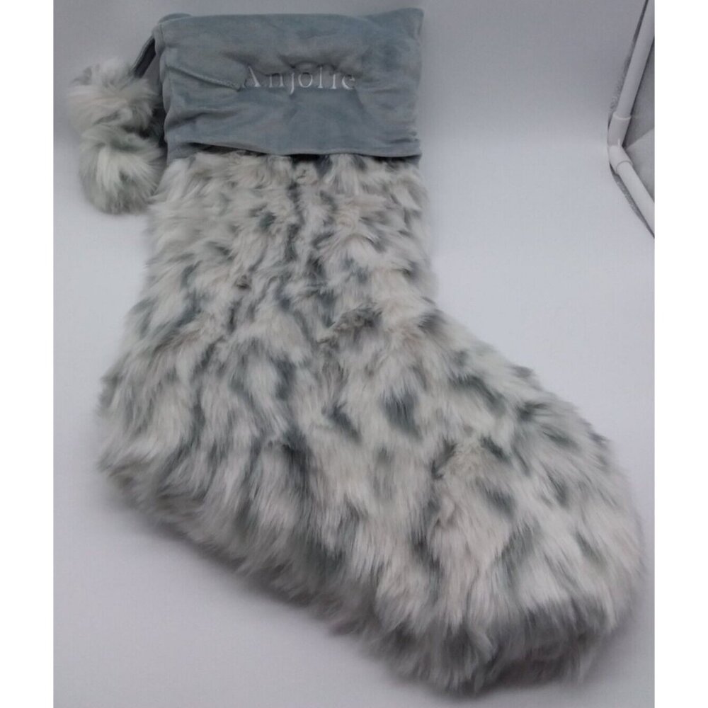 Pottery Barn Teen Anjolie Christmas Holiday New Grey Leopard Faux Fur Stocking